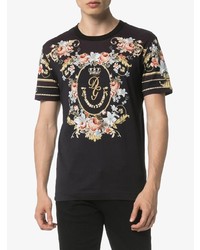 schwarzes T-Shirt mit einem Rundhalsausschnitt mit Blumenmuster von Dolce & Gabbana