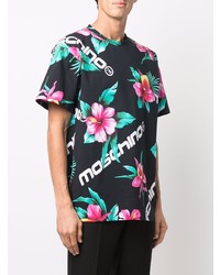 schwarzes T-Shirt mit einem Rundhalsausschnitt mit Blumenmuster von Moschino