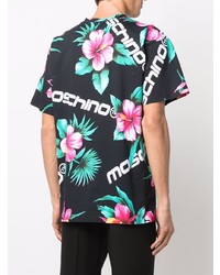 schwarzes T-Shirt mit einem Rundhalsausschnitt mit Blumenmuster von Moschino