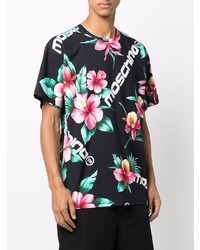 schwarzes T-Shirt mit einem Rundhalsausschnitt mit Blumenmuster von Moschino