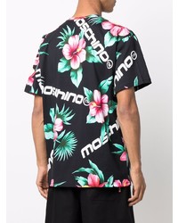 schwarzes T-Shirt mit einem Rundhalsausschnitt mit Blumenmuster von Moschino