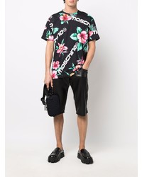 schwarzes T-Shirt mit einem Rundhalsausschnitt mit Blumenmuster von Moschino