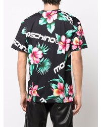 schwarzes T-Shirt mit einem Rundhalsausschnitt mit Blumenmuster von Moschino