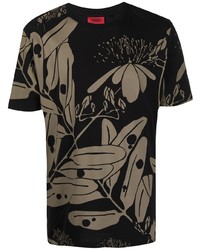 schwarzes T-Shirt mit einem Rundhalsausschnitt mit Blumenmuster von Hugo