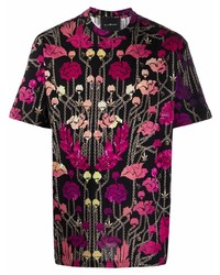 schwarzes T-Shirt mit einem Rundhalsausschnitt mit Blumenmuster von John Richmond