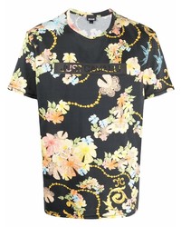 schwarzes T-Shirt mit einem Rundhalsausschnitt mit Blumenmuster von Just Cavalli