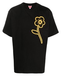 schwarzes T-Shirt mit einem Rundhalsausschnitt mit Blumenmuster von Kenzo