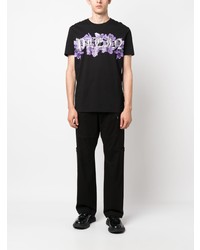 schwarzes T-Shirt mit einem Rundhalsausschnitt mit Blumenmuster von Philipp Plein