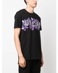 schwarzes T-Shirt mit einem Rundhalsausschnitt mit Blumenmuster von Philipp Plein