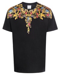 schwarzes T-Shirt mit einem Rundhalsausschnitt mit Blumenmuster von Marcelo Burlon County of Milan
