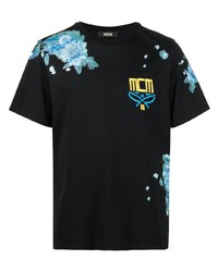 schwarzes T-Shirt mit einem Rundhalsausschnitt mit Blumenmuster von MCM