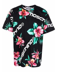 schwarzes T-Shirt mit einem Rundhalsausschnitt mit Blumenmuster von Moschino