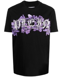 schwarzes T-Shirt mit einem Rundhalsausschnitt mit Blumenmuster von Philipp Plein