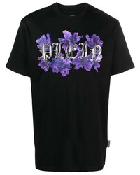 schwarzes T-Shirt mit einem Rundhalsausschnitt mit Blumenmuster von Philipp Plein