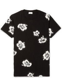 schwarzes T-Shirt mit einem Rundhalsausschnitt mit Blumenmuster von Saint Laurent