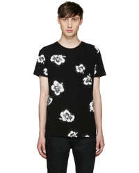 schwarzes T-Shirt mit einem Rundhalsausschnitt mit Blumenmuster von Saint Laurent