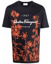 schwarzes T-Shirt mit einem Rundhalsausschnitt mit Blumenmuster von Salvatore Ferragamo