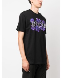 schwarzes T-Shirt mit einem Rundhalsausschnitt mit Blumenmuster von Philipp Plein