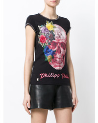 schwarzes T-Shirt mit einem Rundhalsausschnitt mit Blumenmuster von Philipp Plein