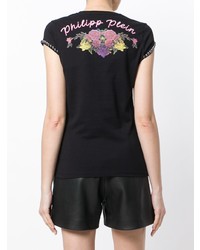 schwarzes T-Shirt mit einem Rundhalsausschnitt mit Blumenmuster von Philipp Plein