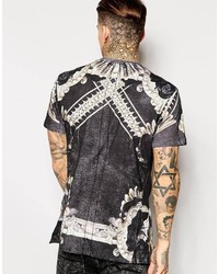 schwarzes T-Shirt mit einem Rundhalsausschnitt mit Blumenmuster von Religion