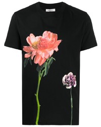 schwarzes T-Shirt mit einem Rundhalsausschnitt mit Blumenmuster von Valentino