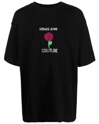 schwarzes T-Shirt mit einem Rundhalsausschnitt mit Blumenmuster von VERSACE JEANS COUTURE