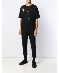 schwarzes T-Shirt mit einem Rundhalsausschnitt mit Destroyed-Effekten von Ann Demeulemeester