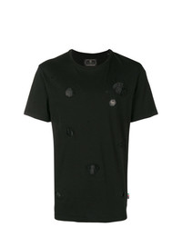 schwarzes T-Shirt mit einem Rundhalsausschnitt mit Destroyed-Effekten von Philipp Plein