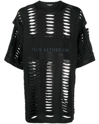schwarzes T-Shirt mit einem Rundhalsausschnitt mit Destroyed-Effekten von Raf Simons
