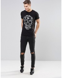 schwarzes T-Shirt mit einem Rundhalsausschnitt mit geometrischem Muster von Asos