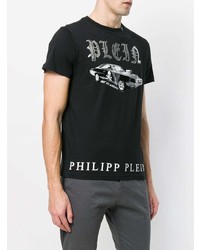 schwarzes T-Shirt mit einem Rundhalsausschnitt mit Karomuster von Philipp Plein