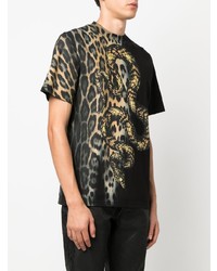 schwarzes T-Shirt mit einem Rundhalsausschnitt mit Leopardenmuster von Roberto Cavalli