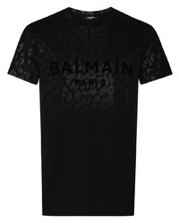 schwarzes T-Shirt mit einem Rundhalsausschnitt mit Leopardenmuster von Balmain