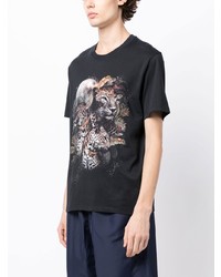 schwarzes T-Shirt mit einem Rundhalsausschnitt mit Leopardenmuster von Camilla