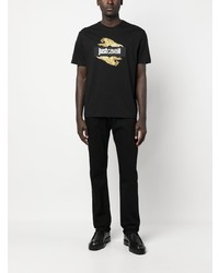 schwarzes T-Shirt mit einem Rundhalsausschnitt mit Leopardenmuster von Just Cavalli