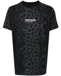 schwarzes T-Shirt mit einem Rundhalsausschnitt mit Leopardenmuster von Maharishi