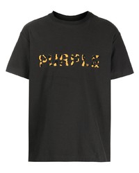 schwarzes T-Shirt mit einem Rundhalsausschnitt mit Leopardenmuster von purple brand