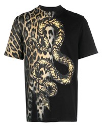 schwarzes T-Shirt mit einem Rundhalsausschnitt mit Leopardenmuster von Roberto Cavalli