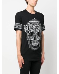 schwarzes T-Shirt mit einem Rundhalsausschnitt mit Paisley-Muster von Philipp Plein