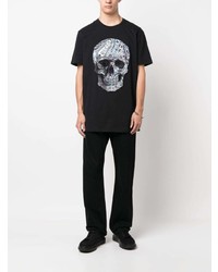 schwarzes T-Shirt mit einem Rundhalsausschnitt mit Paisley-Muster von Philipp Plein