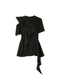 schwarzes T-Shirt mit einem Rundhalsausschnitt mit Rüschen von Goen.J