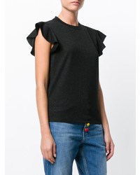 schwarzes T-Shirt mit einem Rundhalsausschnitt mit Rüschen von Dondup
