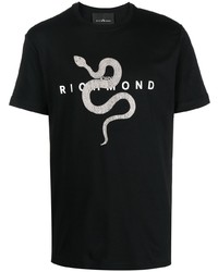schwarzes T-Shirt mit einem Rundhalsausschnitt mit Schlangenmuster von John Richmond