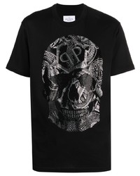 schwarzes T-Shirt mit einem Rundhalsausschnitt mit Schlangenmuster von Philipp Plein