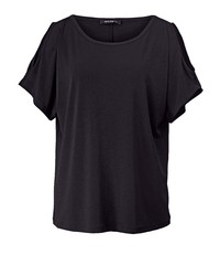 schwarzes T-Shirt mit einem Rundhalsausschnitt von Sara Lindholm by Happy Size