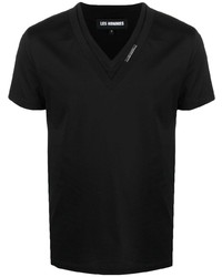 schwarzes T-Shirt mit einem V-Ausschnitt von Les Hommes