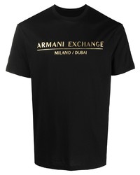 schwarzes und goldenes bedrucktes T-Shirt mit einem Rundhalsausschnitt von Armani Exchange