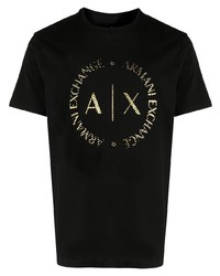 schwarzes und goldenes bedrucktes T-Shirt mit einem Rundhalsausschnitt von Armani Exchange