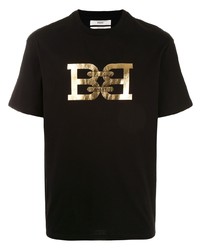 schwarzes und goldenes bedrucktes T-Shirt mit einem Rundhalsausschnitt von Bally